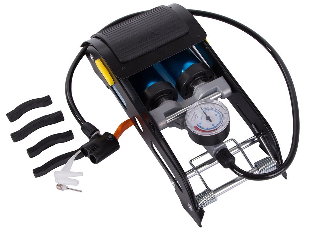 POMPKA SAMOCHODOWA NOŻNA DWUTŁOKOWA KOŃCOWKI ROWER AUTO DO PIŁEK MATERACA